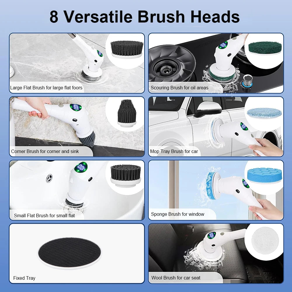 Multifunctional 8-in-1 Wireless Electric Cleaning Brush - with LED Display - Gadgion